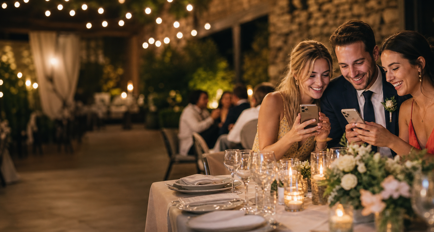 Wedding guests sharing photos at a warm evening celebration
